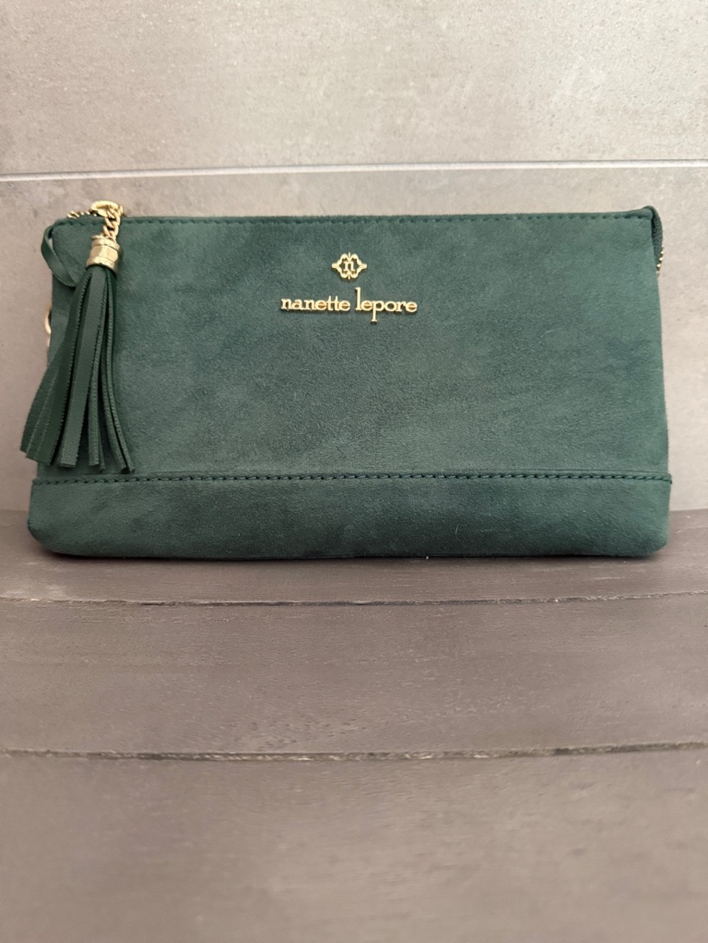 Nanette Lepore Emerald Green Jewel Tone Faux Suede Tassel Crossbody / Clutch